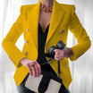 Women's double-breasted black blazer with structured fit, featuring stylish gold buttons, designed for a flattering silhouette, available in plus sizes. 3