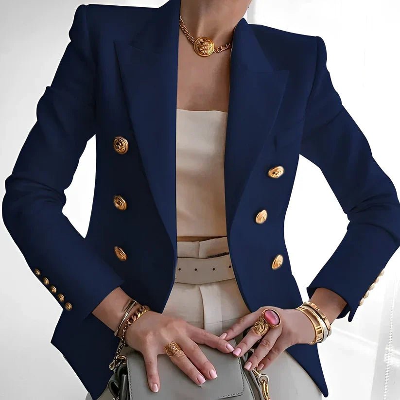 Women's double-breasted black blazer with structured fit, featuring stylish gold buttons, designed for a flattering silhouette, available in plus sizes. 4