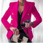 Women's double-breasted black blazer with structured fit, featuring stylish gold buttons, designed for a flattering silhouette, available in plus sizes. 5