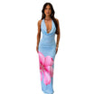 Women’s Blue Maxi Dress with Halter Neckline and Floral Print