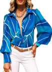 Women’s Blue Printed Blouse with Long Sleeves and Button Closure