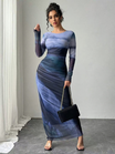 Women's Bodycon Printed Maxi Dress with Round Neckline