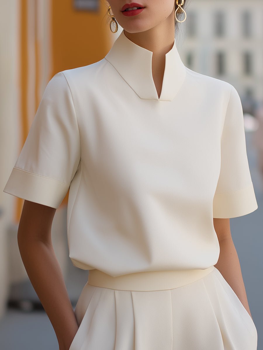 Women's Business Blouse with Stand-Up Collar and Short Sleeves – Elegant and Modern Design 0