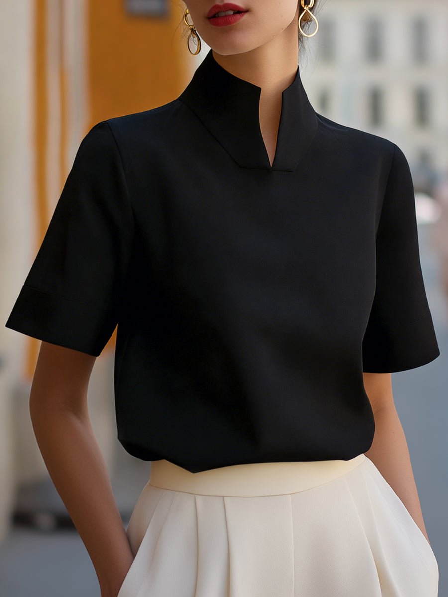 Women's Business Blouse with Stand-Up Collar and Short Sleeves – Elegant and Modern Design 1