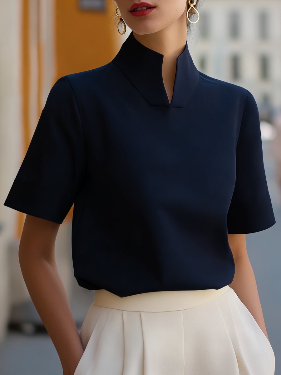 Women's Business Blouse with Stand-Up Collar and Short Sleeves – Elegant and Modern Design 2