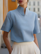 Women's Business Blouse with Stand-Up Collar and Short Sleeves – Elegant and Modern Design 3