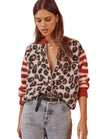 Women’s Cardigan with Leopard and Stripe Print and Button Closure