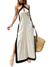 Women's Contrast Trim Halter Maxi Dress with Side Slit