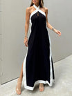Women's Contrast Trim Halter Maxi Dress with Side Slit