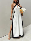 Women's Contrast Trim Halter Maxi Dress with Side Slit