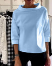 Women's cowl neck top with 3/4 sleeves in a versatile solid design, featuring a relaxed fit for effortless style and comfort. 1