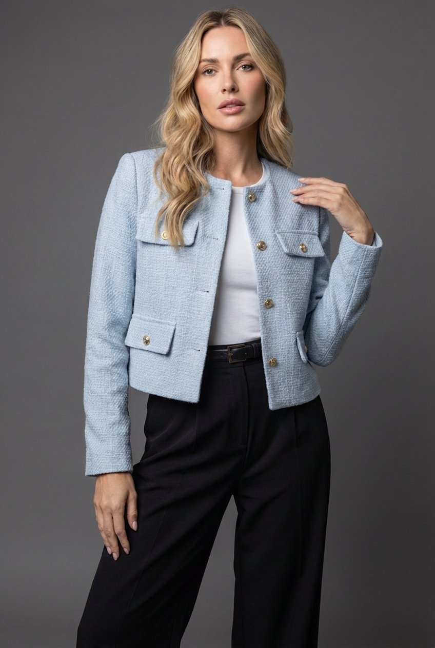 Women's cropped blazer featuring elegant tweed design and gold buttons, round neck, and tailored fit for a sophisticated look. 0