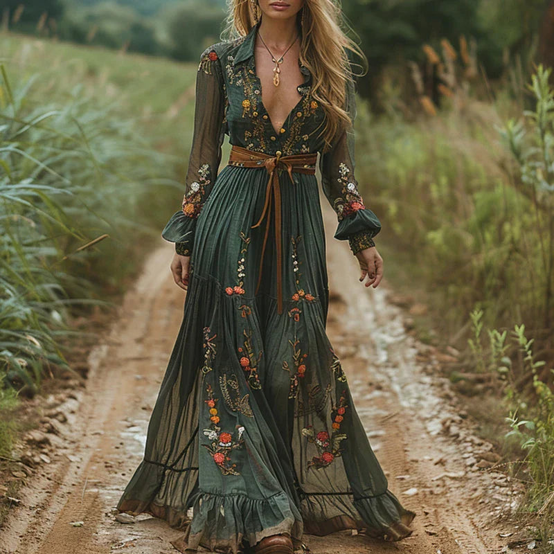 Women's Floral Maxi Dress with Long Sleeves – Elegant Bohemian Summer Style, Plus Size Available 0
