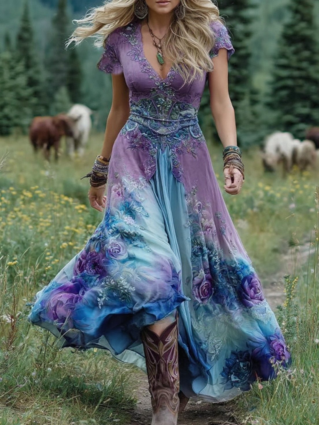 Women's floral maxi dress featuring a v-neck and short sleeves, designed with an elegant purple and blue print, perfect for summer events. 0