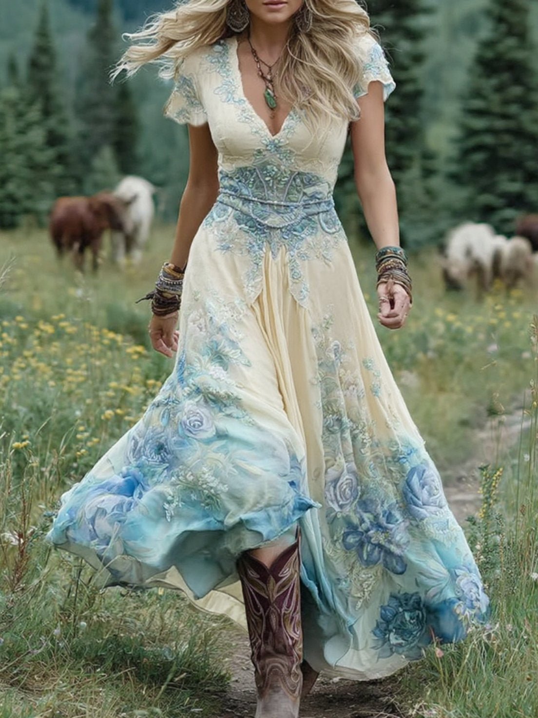 Women's floral maxi dress featuring a v-neck and short sleeves, designed with an elegant purple and blue print, perfect for summer events. 2