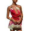 Women’s Floral Mini Dress with Asymmetric Straps and Draped Neckline