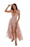 Women's Floral Print Maxi Dress with V-Neckline and Ruffled Sleeves