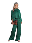 Women’s Green Jumpsuit with Cape Sleeves and Tie Neck
