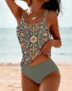 Women's plus size high-waisted tankini featuring a U-neck design and vibrant print, perfect for beach and pool outings. 0