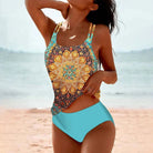 Women's plus size high-waisted tankini featuring a U-neck design and vibrant print, perfect for beach and pool outings. 1
