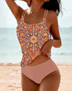 Women's plus size high-waisted tankini featuring a U-neck design and vibrant print, perfect for beach and pool outings. 2