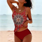 Women's plus size high-waisted tankini featuring a U-neck design and vibrant print, perfect for beach and pool outings. 3