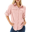 Women's hiking shirt featuring UPF 50 sun protection, breathable fabric, and roll-up sleeves, ideal for safari trekking and outdoor adventures. 0