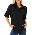 Women's hiking shirt featuring UPF 50 sun protection, breathable fabric, and roll-up sleeves, ideal for safari trekking and outdoor adventures. 3