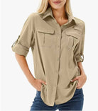 Women's hiking shirt featuring UPF 50 sun protection, breathable fabric, and roll-up sleeves, ideal for safari trekking and outdoor adventures. 5