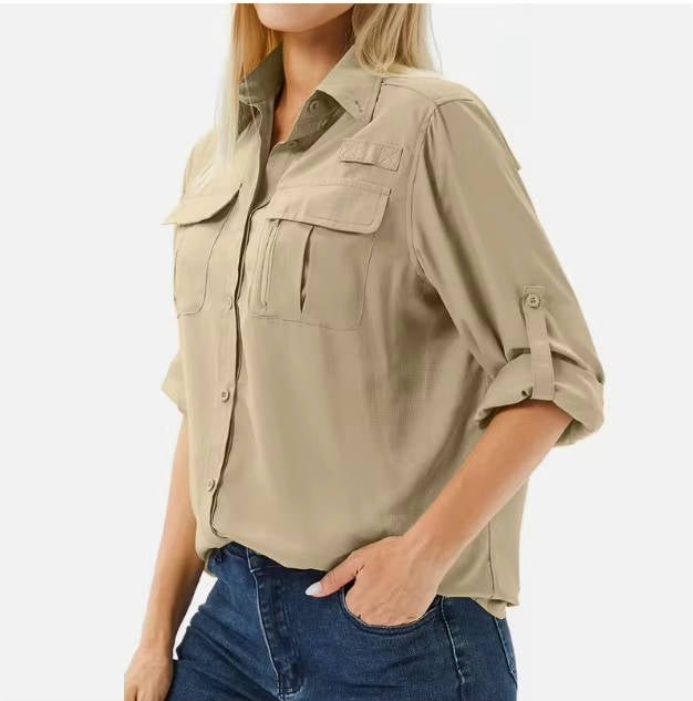 Women's hiking shirt featuring UPF 50 sun protection, breathable fabric, and roll-up sleeves, ideal for safari trekking and outdoor adventures. 6
