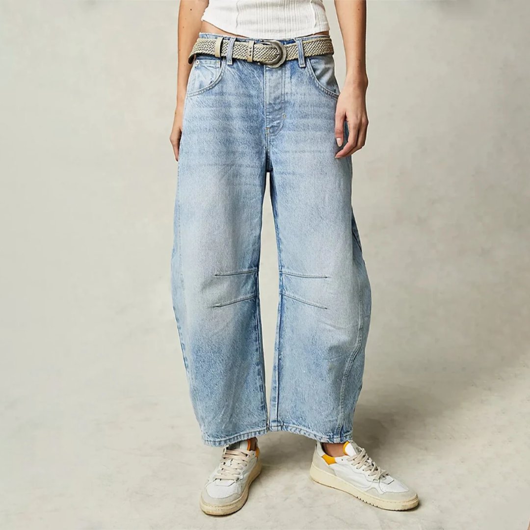 Women's Jeans Mid-Rise Cropped Barrel Leg in Heavyweight Denim – Medium-Fade Wash with Reinforced Panels 0