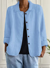 Women's lightweight button front jacket designed for casual summer wear, featuring a comfortable loose fit and minimalist style in soft, breathable fabric. 0