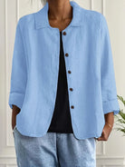 Women's lightweight button front jacket designed for casual summer wear, featuring a comfortable loose fit and minimalist style in soft, breathable fabric. 0