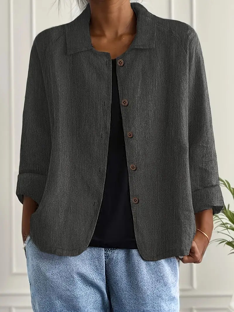 Women's lightweight button front jacket designed for casual summer wear, featuring a comfortable loose fit and minimalist style in soft, breathable fabric. 12