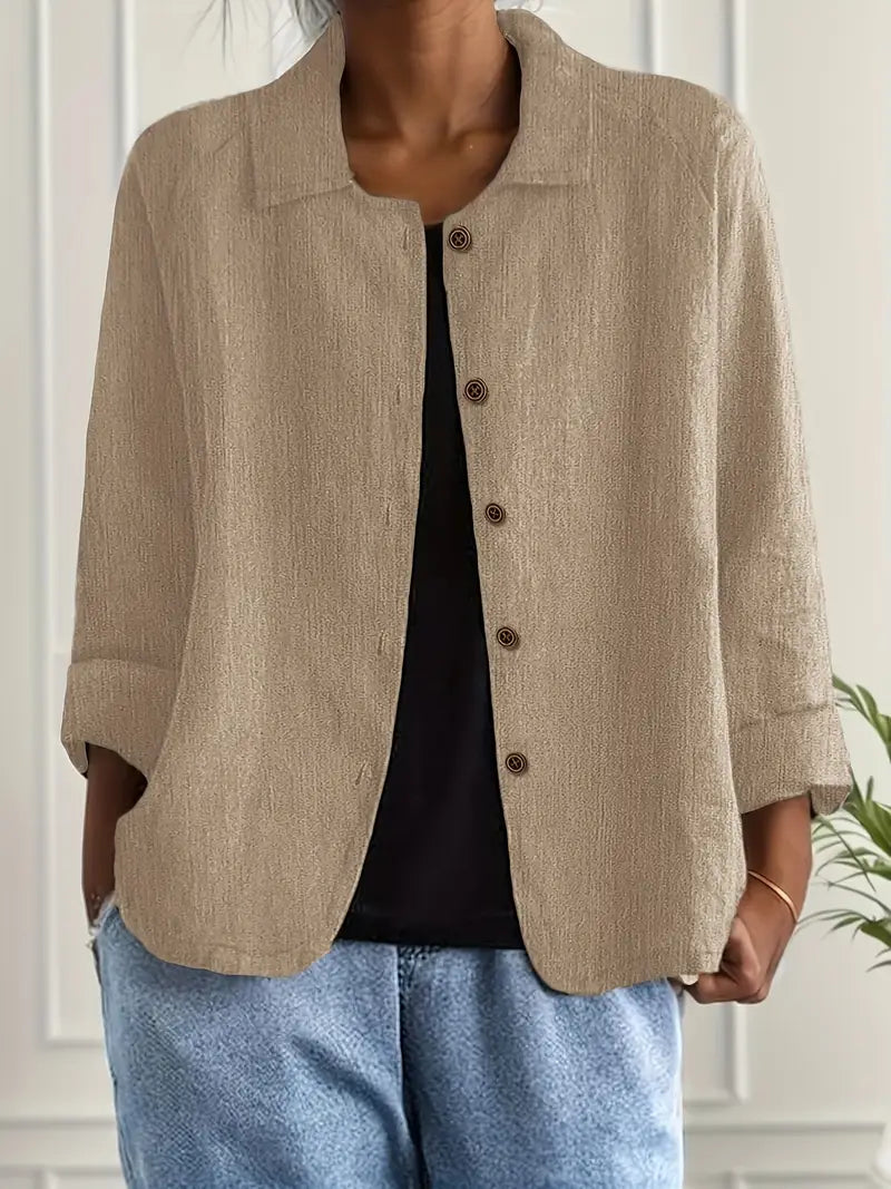 Women's lightweight button front jacket designed for casual summer wear, featuring a comfortable loose fit and minimalist style in soft, breathable fabric. 2