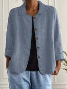 Women's lightweight button front jacket designed for casual summer wear, featuring a comfortable loose fit and minimalist style in soft, breathable fabric. 3