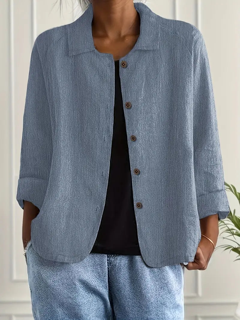 Women's lightweight button front jacket designed for casual summer wear, featuring a comfortable loose fit and minimalist style in soft, breathable fabric. 3
