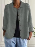 Women's lightweight button front jacket designed for casual summer wear, featuring a comfortable loose fit and minimalist style in soft, breathable fabric. 4
