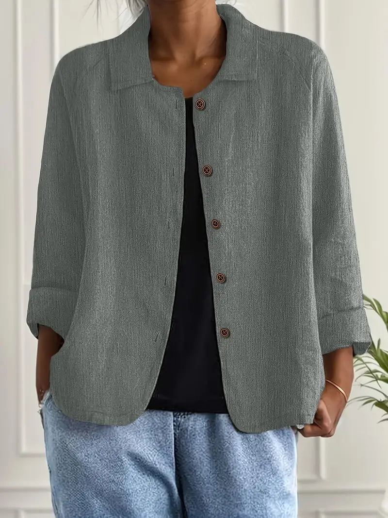 Women's lightweight button front jacket designed for casual summer wear, featuring a comfortable loose fit and minimalist style in soft, breathable fabric. 4