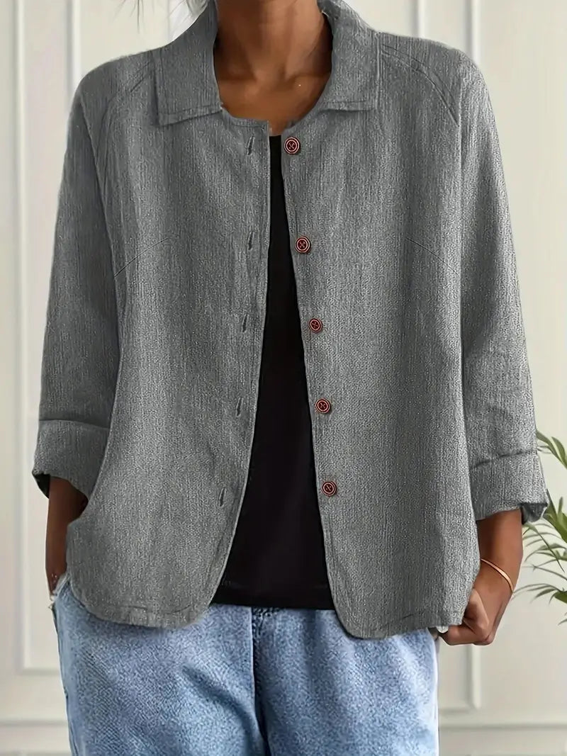 Women's lightweight button front jacket designed for casual summer wear, featuring a comfortable loose fit and minimalist style in soft, breathable fabric. 6