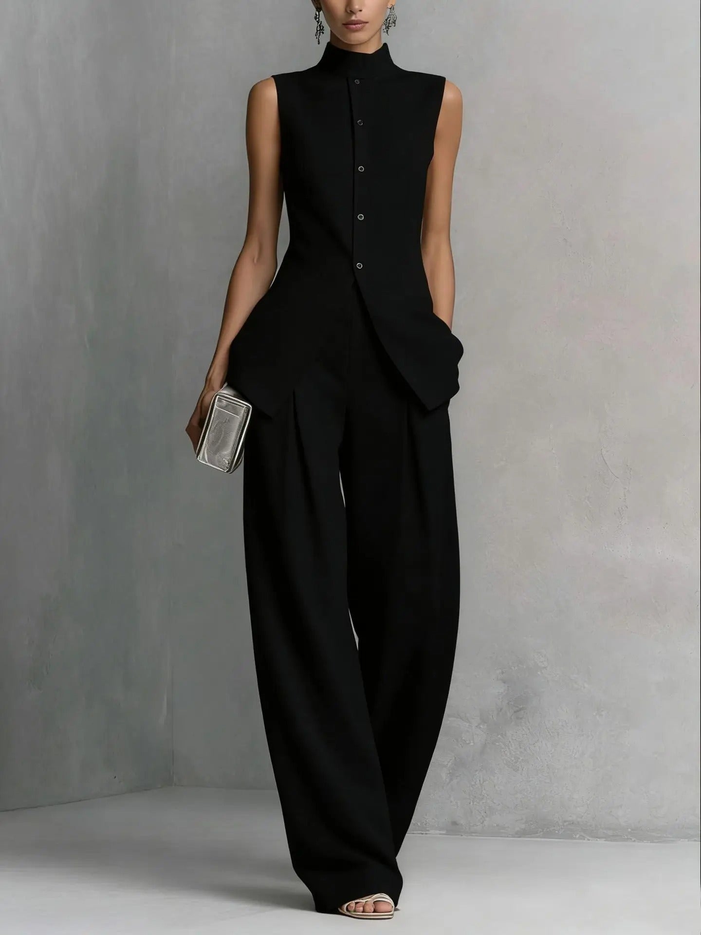 Women's Linen Two-Piece Set with Stand-Up Collar Top and Wide-Leg Trousers – Breathable Cotton-Linen Blend 1