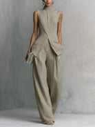 Women's Linen Two-Piece Set with Stand-Up Collar Top and Wide-Leg Trousers – Breathable Cotton-Linen Blend 2
