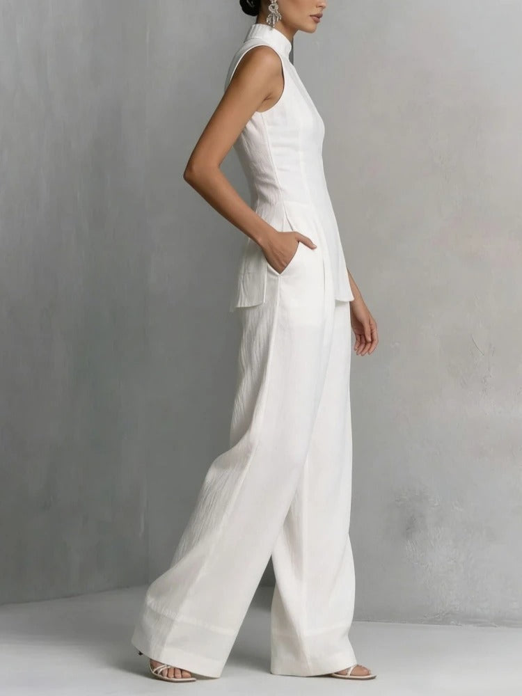 Women's Linen Two-Piece Set with Stand-Up Collar Top and Wide-Leg Trousers – Breathable Cotton-Linen Blend 5