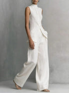 Women's Linen Two-Piece Set with Stand-Up Collar Top and Wide-Leg Trousers – Breathable Cotton-Linen Blend 6