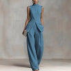 Women's Linen Two-Piece Set with Stand-Up Collar Top and Wide-Leg Trousers – Breathable Cotton-Linen Blend 8