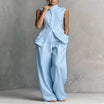 Women's Linen Two-Piece Set with Stand-Up Collar Top and Wide-Leg Trousers – Breathable Cotton-Linen Blend 9