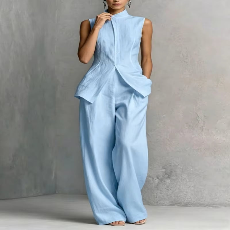 Women's Linen Two-Piece Set with Stand-Up Collar Top and Wide-Leg Trousers – Breathable Cotton-Linen Blend 9