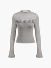 Women’s Long Sleeve Knit Top with Round Neck and Embroidered Floral Detail