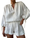 Women’s Lounge Set with Long Sleeves Top and Ruffled Drawstring Shorts