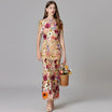 Elegant women's maxi dress featuring 3D floral appliques, sleeveless design, and a floor-length silhouette in vibrant yellow and white colors. 1